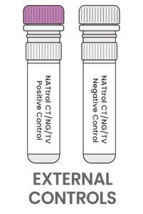 Vector illustration of two control vial tubes from Zeptometrix, with positive control and purple cap on the left, negative control with gray cap on the right.